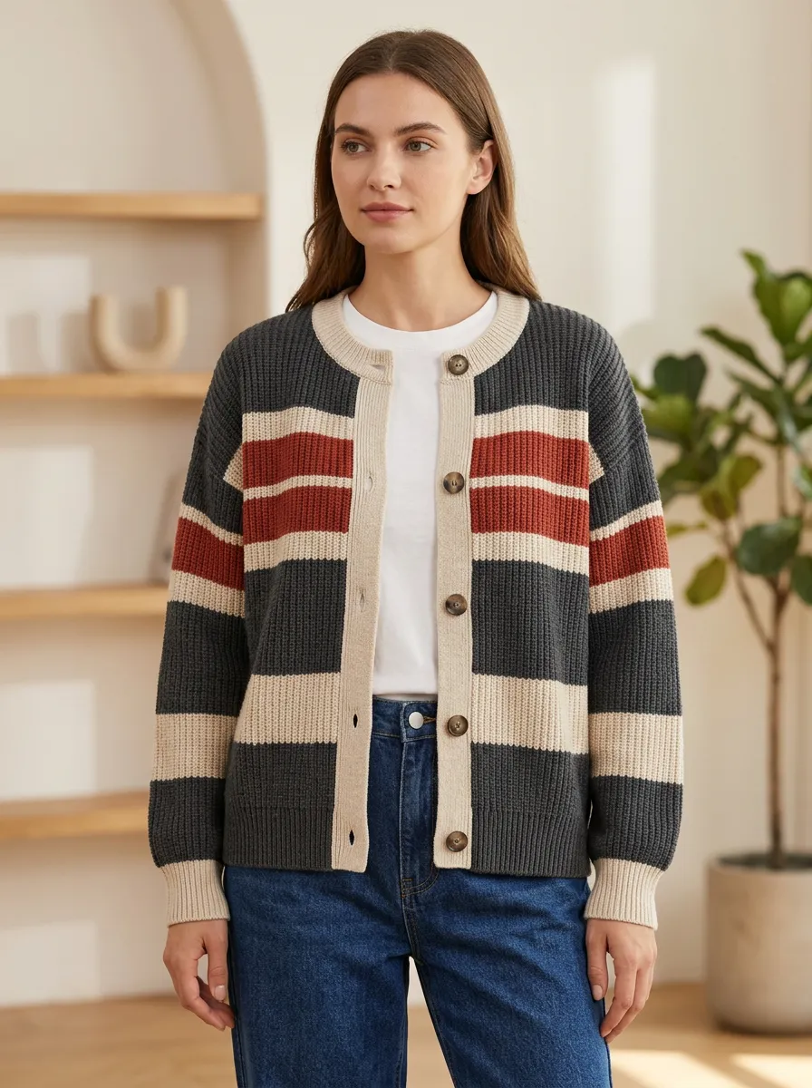 Weekend Rugby Striped Button Front Knit Cardigan