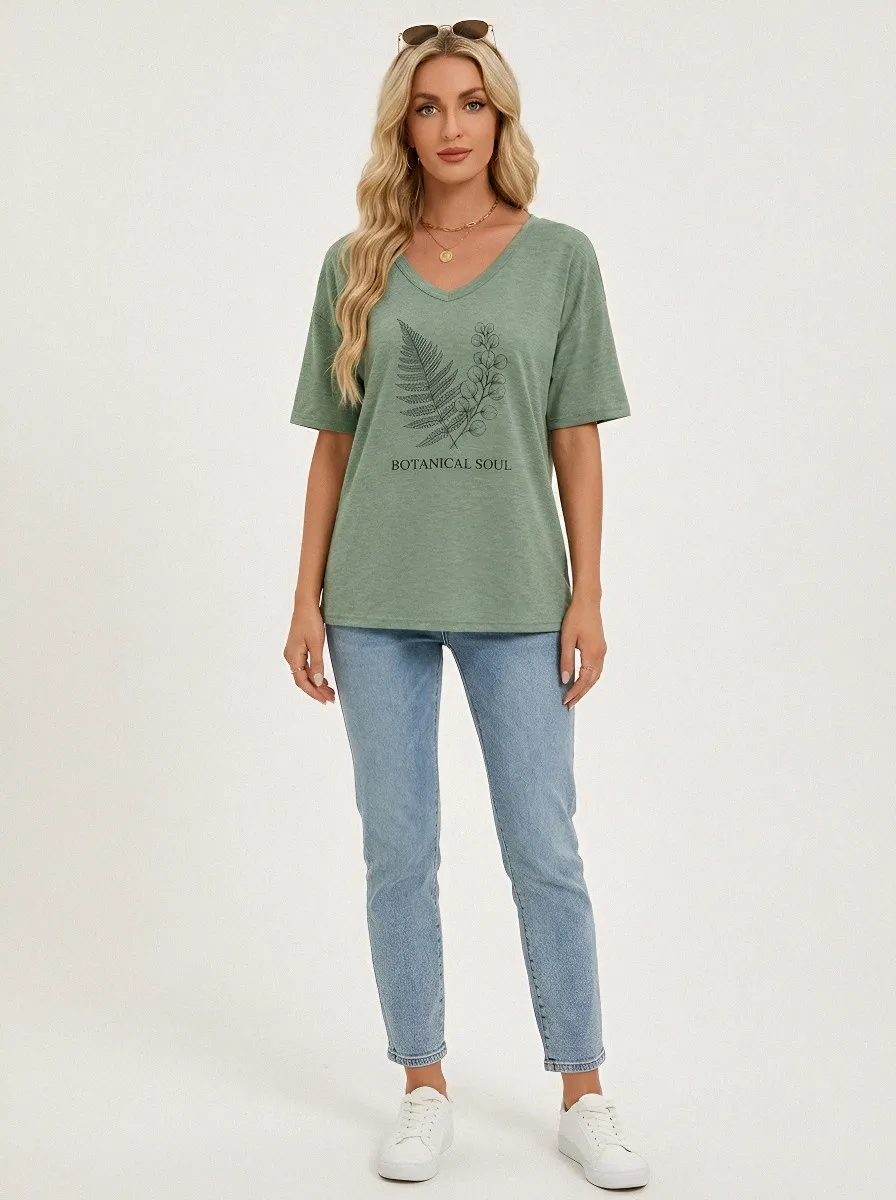 Fern Botanical Nature Leaf V-Neck T-Shirt