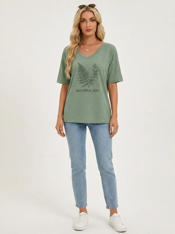Women's Nature Lover Botanical Soul Fern Printed V-neck T-shirt
