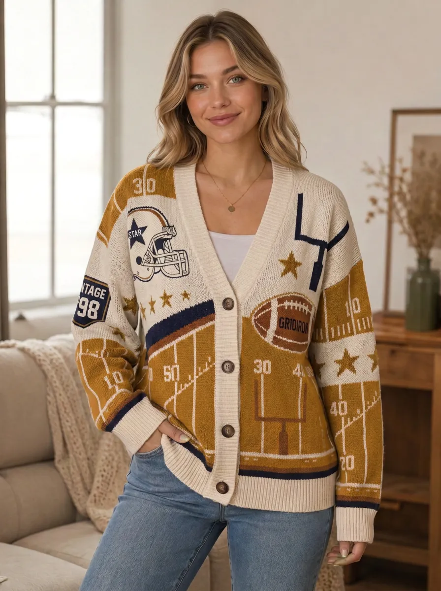 Women's Retro Inspired Gridiron Helmet Ball Knit Cardigan