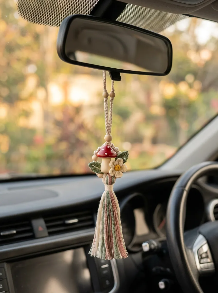 Macrame Mushroom Floral Rearview Mirror Hanging Ornament