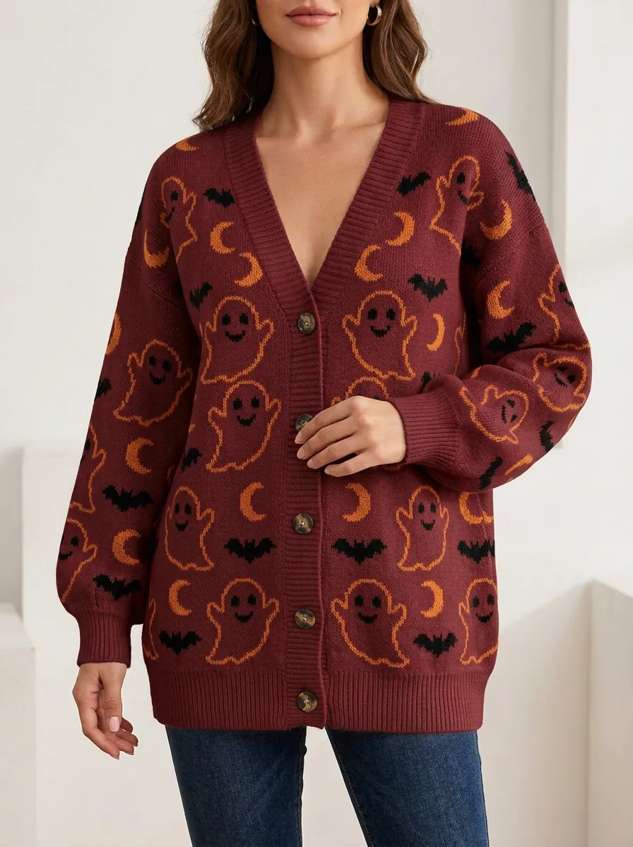 Women's Ghost Moon Bat Halloween Knit Cardigan