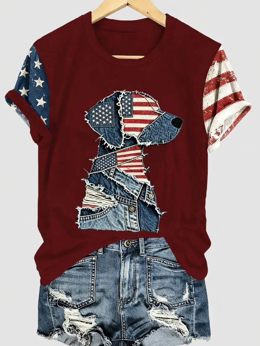 Women's casual American 250th anniversary celebration animal print short sleeved T-shirt