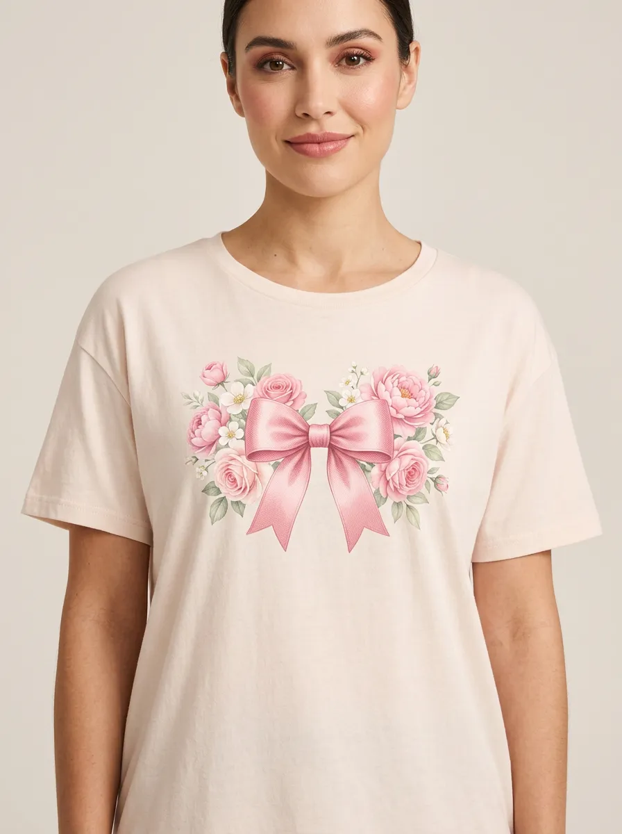 Women's Breast Cancer Awareness Pink Bow Floral Printed T-shirt
