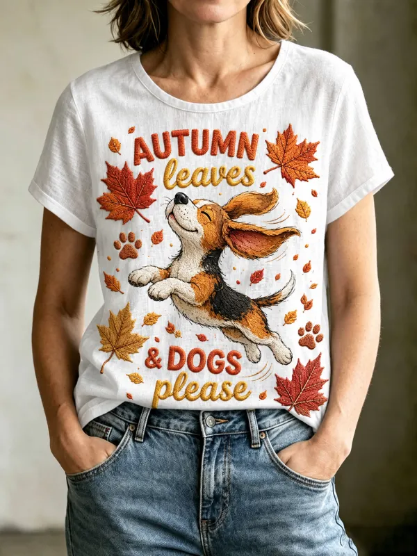 Women'S Autumn Leaves&Running Dog Printed Short Sleeved T-Shirt