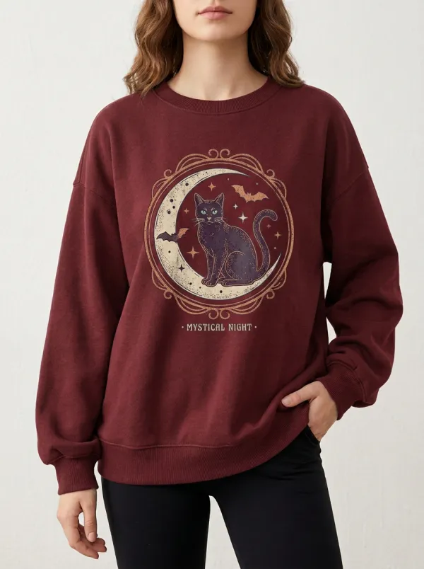 Women's Halloween Mystical Cat Moon Bats Printed Sweatshirt