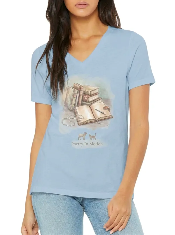 Women's Book Lover Poetry In Motion Printed V-neck T-shirt