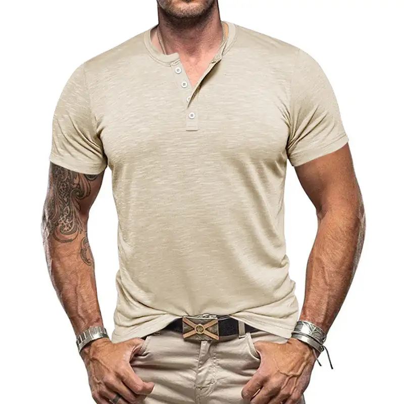 Men's Nano Athletic Henley T-Shirt Structured Slub Cotton With Short Button Placket