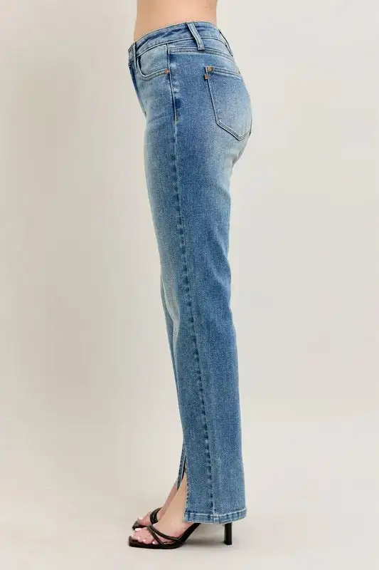 Full Size High Waist Vintage Wash Front Seam & Slit Straight Plus Size