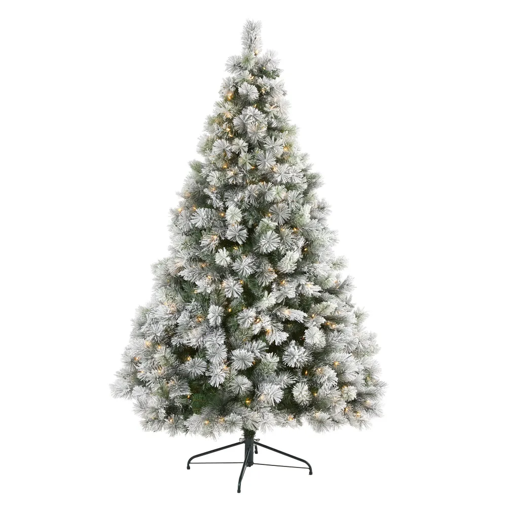 Flocked Oregon Pine Artificial Christmas Tree with Clear Lights and Bendable Branches