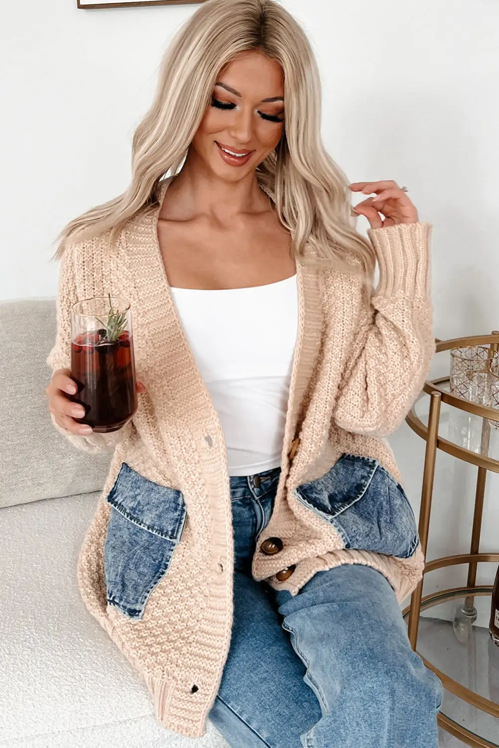 Open Front Knit Denim Pocket Patchwork Cardigan