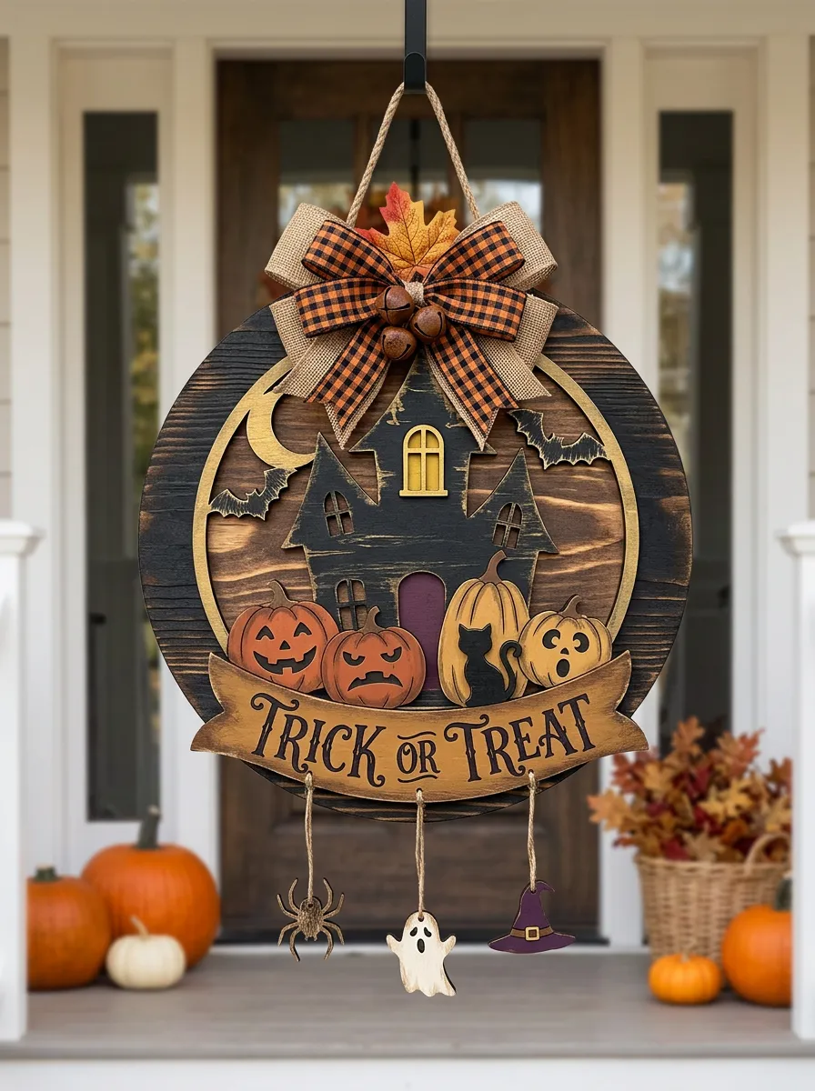 Halloween Haunted House Pumpkin Trick or Treat Hanging Door Sign