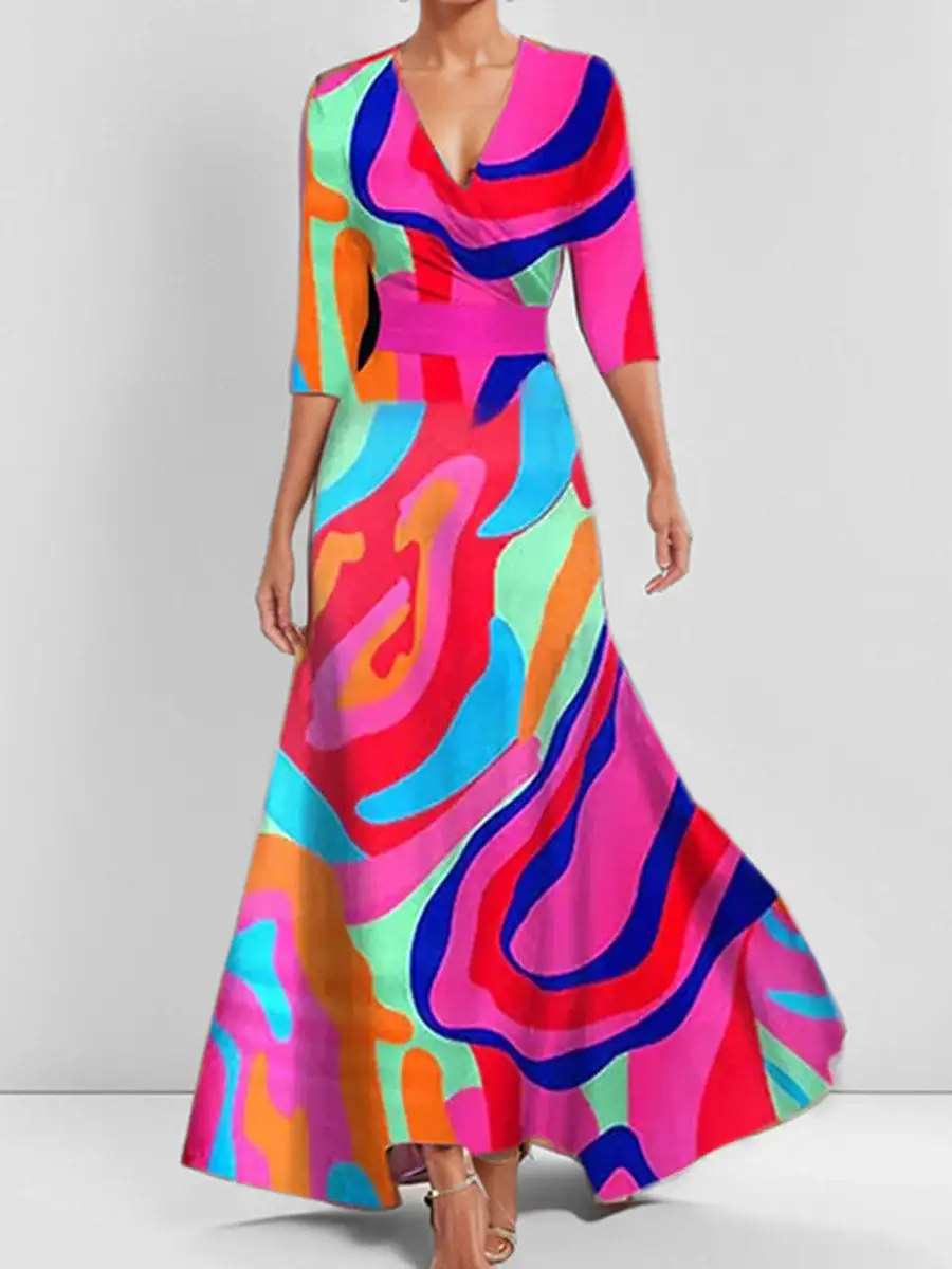 Elasticated Printed Neck Maxi Dress