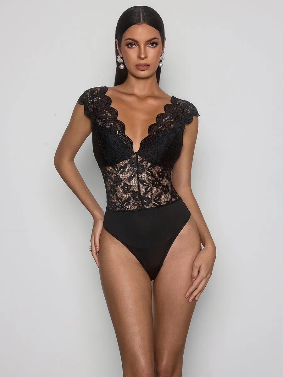 Paulina Plunge Neck Lace Bodysuit