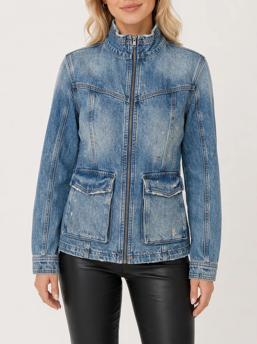 Women's Distressed Vintage Wash Paint Splatter Zip-Up Denim Jacket