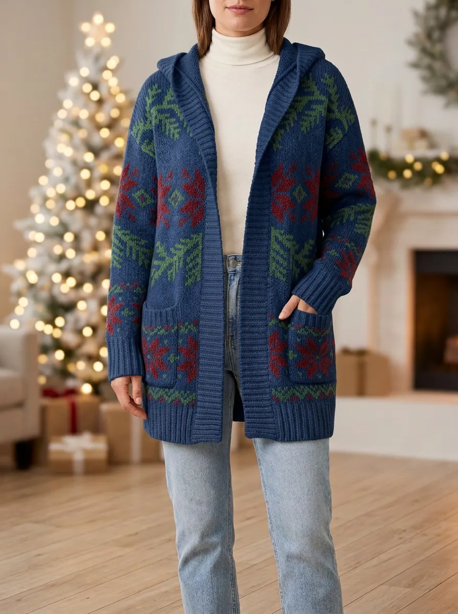 Christmas Snowflake Fair Isle Pattern Knit Hooded Cardigan
