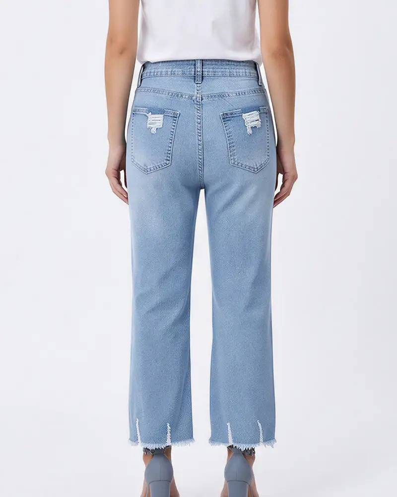 Distressed Cropped Raw-Hem Straight Jeans