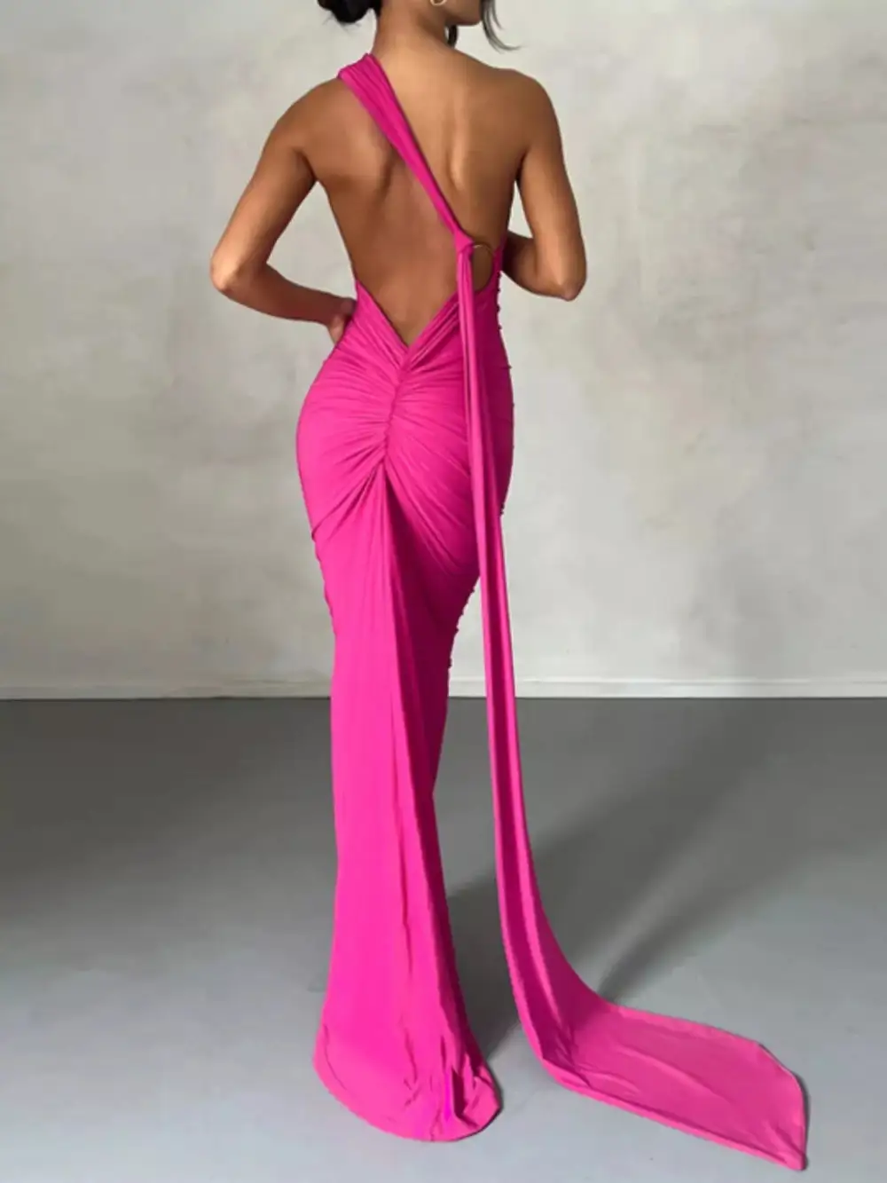 Backless One Shoulder Ruched Bodycon Maxi Dress