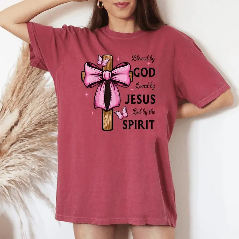 Blessed By God Loved By Jesus Pink Coquette Bow And Cross Women's Oversized Comfort T-shirt