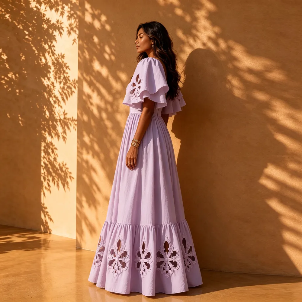 Elara Lavender Cut-Out Flutter Sleeve Maxi Dress