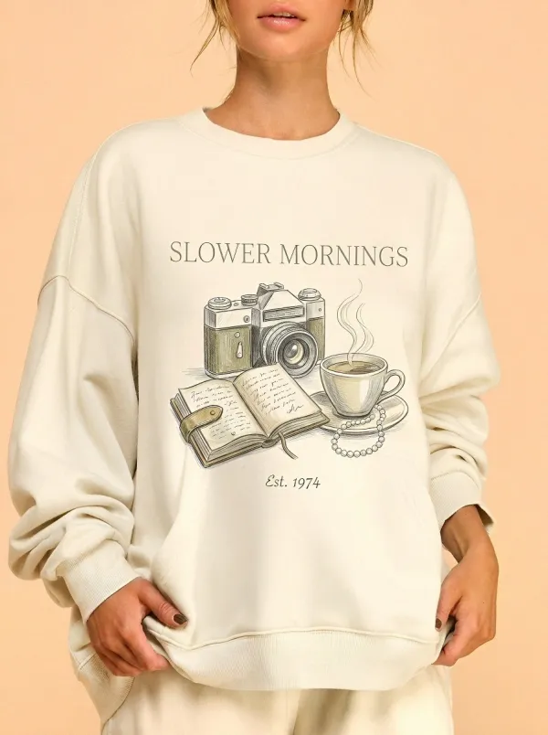 Women's Slower Mornings Camera Coffee Book Printed Sweatshirt