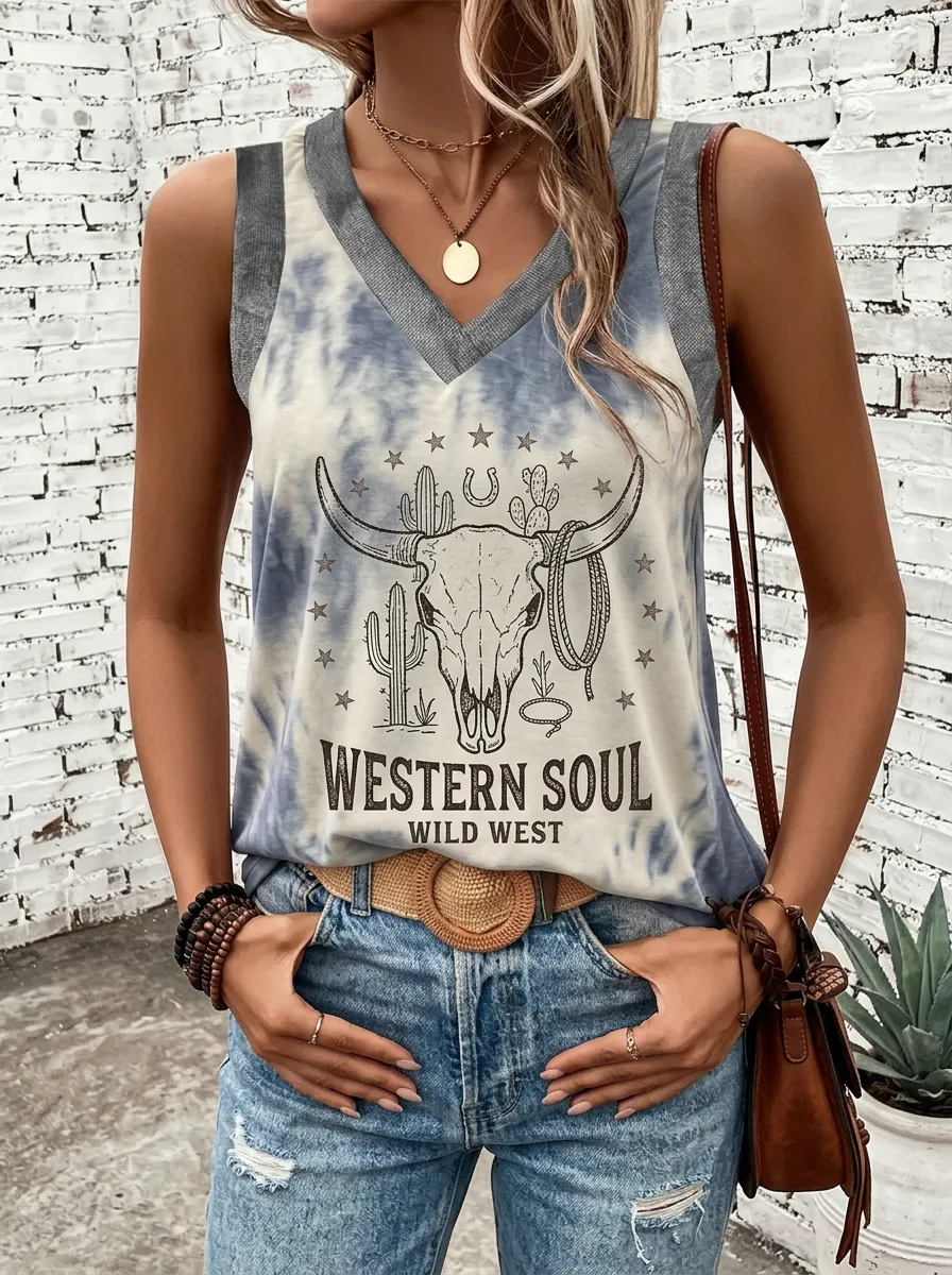 Women's Western Soul Cow Skull Cactus Printed V-Neck Tank Top