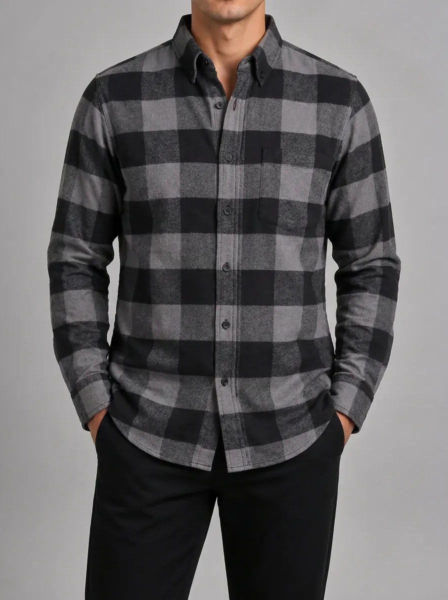 Men's Casual Style Grey Black Buffalo Plaid Pattern Button-down Shirt