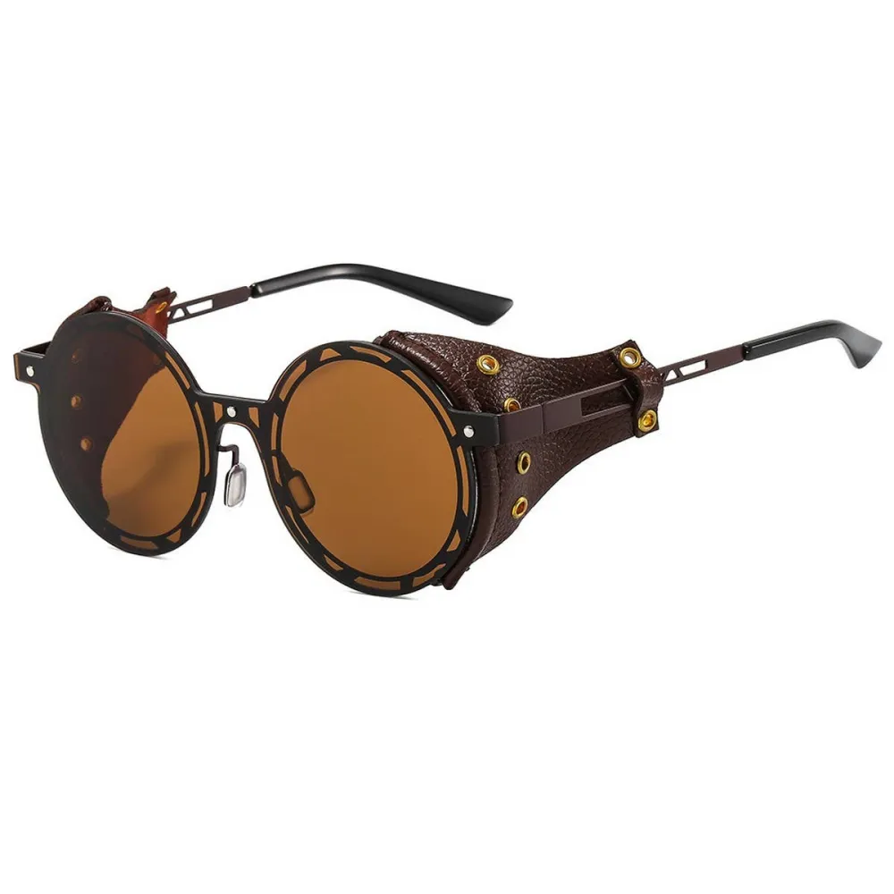 Metal Leather Round Sunglasses