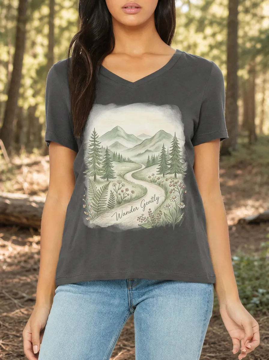 Women's Nature Lover Wander Gently Mountain Forest Printed V-neck T-shirt