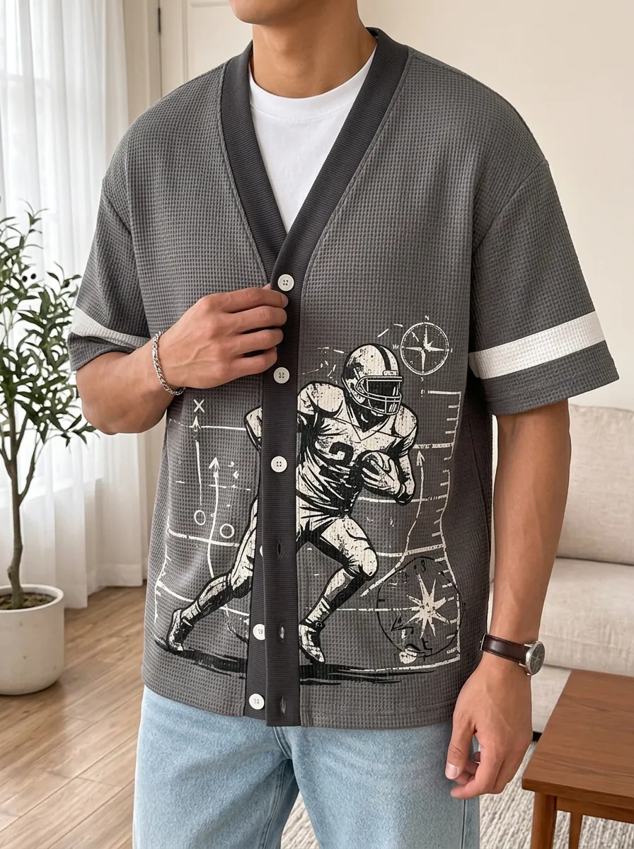 Men's American Football Player Graphic Printed Waffle Knit Cardigan