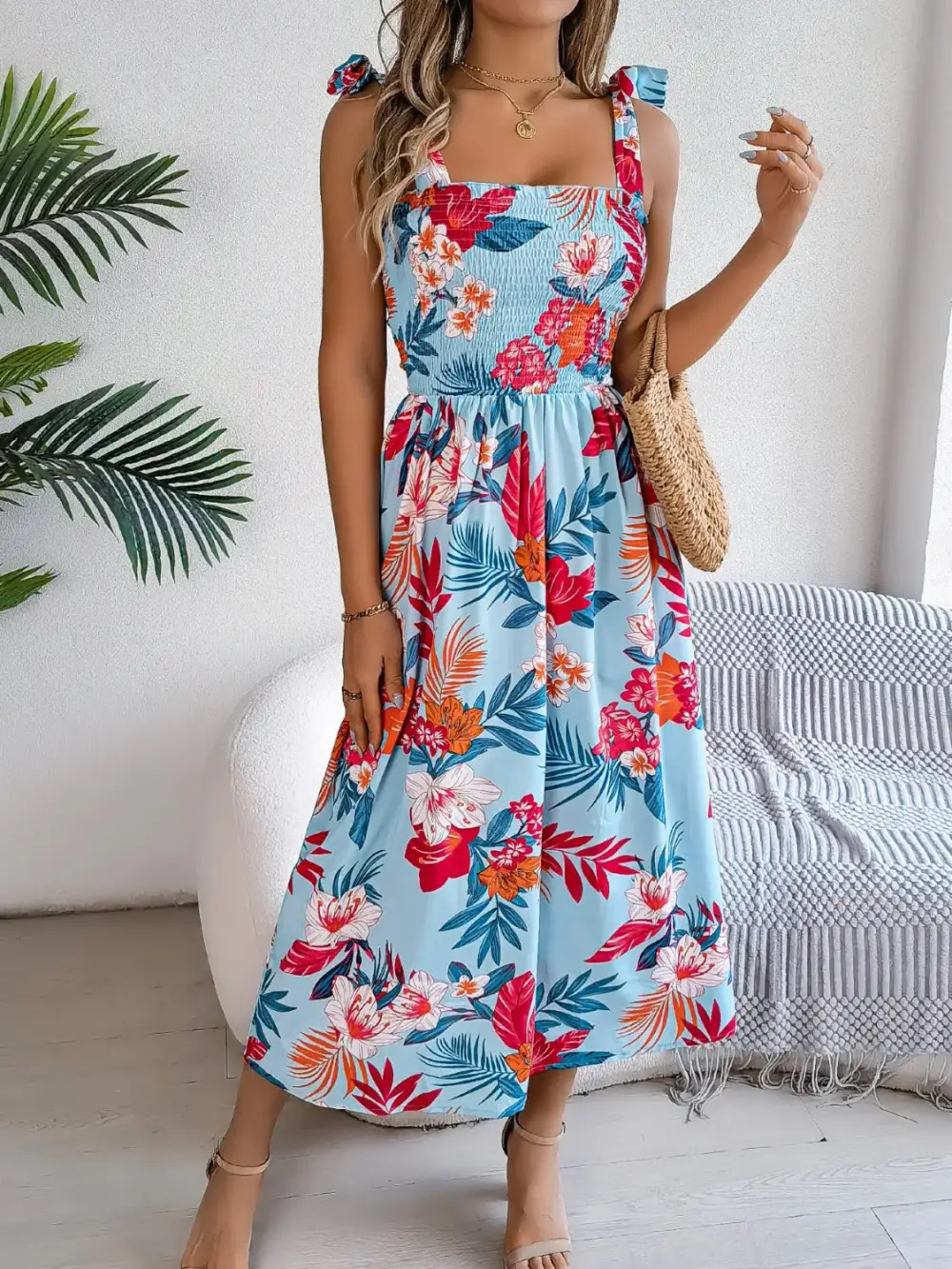 Smocked Floral Midi Dress