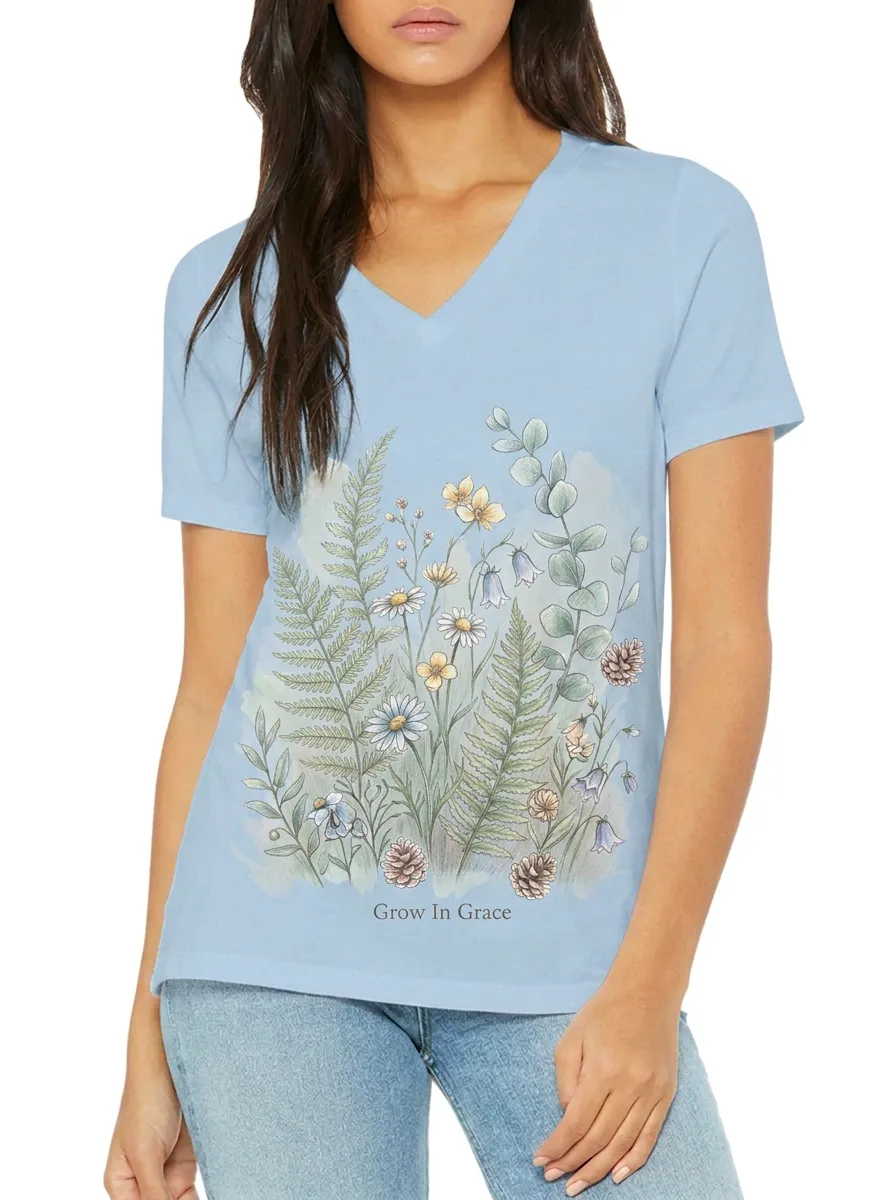 Women's Christian Grow In Grace Wildflower Fern Printed V-neck T-shirt
