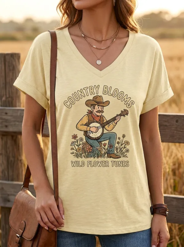 Banjo Cowboy Wildflower Country Music Graphic T-Shirt
