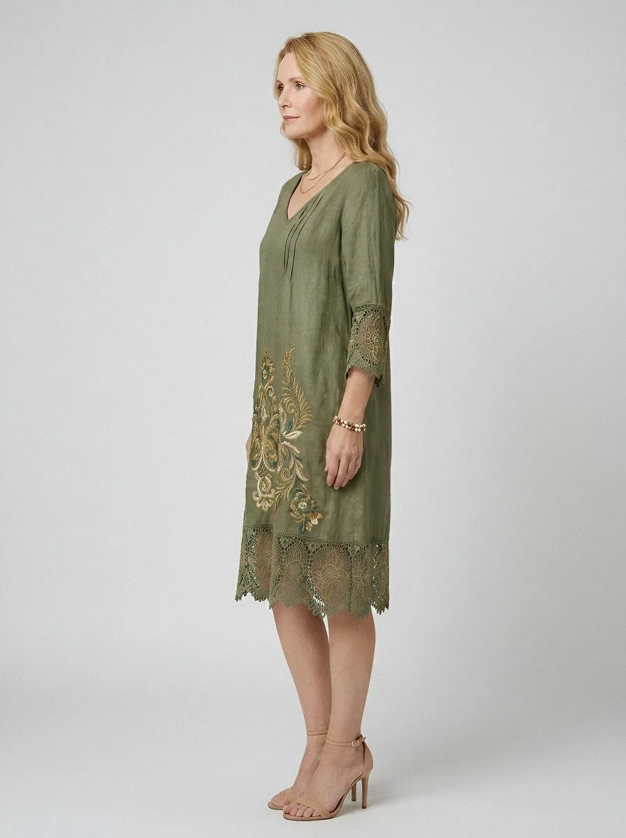 Women's Summer Vacation Olive Floral Embroidered Lace Trimmed Dress