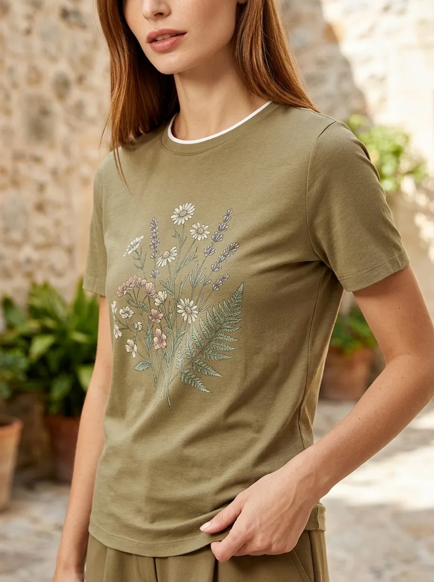 Women's Botanical Nature Lover Wildflower Fern Printed T-shirt