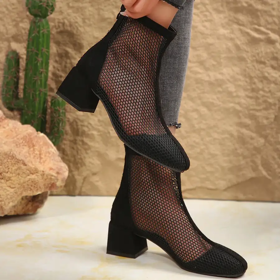 Mesh Block Heel Boots