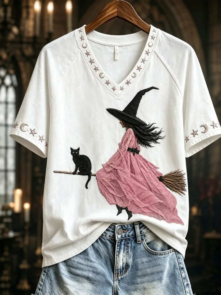 Women's Pink Witch-Themed Print Casual T-Shirt