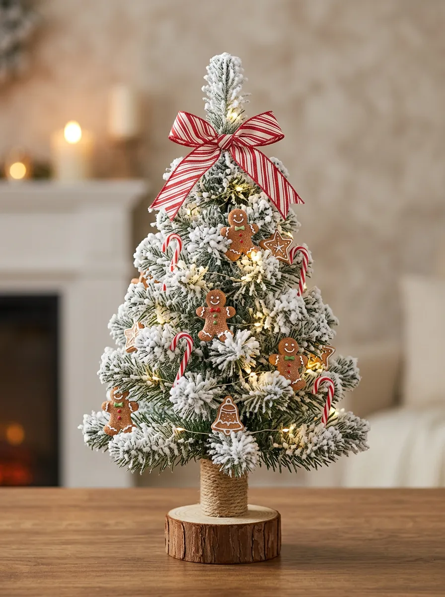 Christmas Gingerbread Man Candy Cane Flocked Tabletop Tree