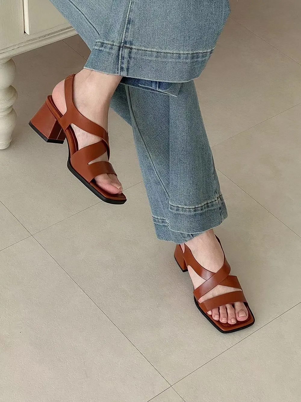 Faux Leather Cross Strap Heeled Sandals