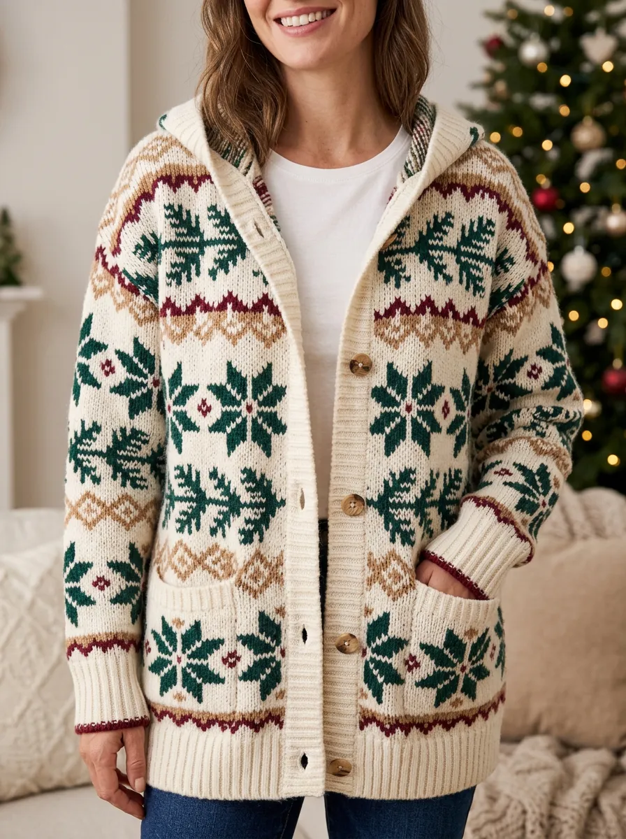 Festive Christmas Snowflake Fair Isle Pattern Knit Hooded Cardigan