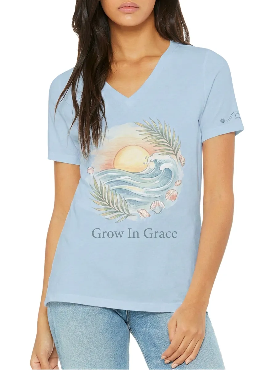 Women's Beach Lover Grow In Grace Sunset Wave Printed V-neck T-shirt