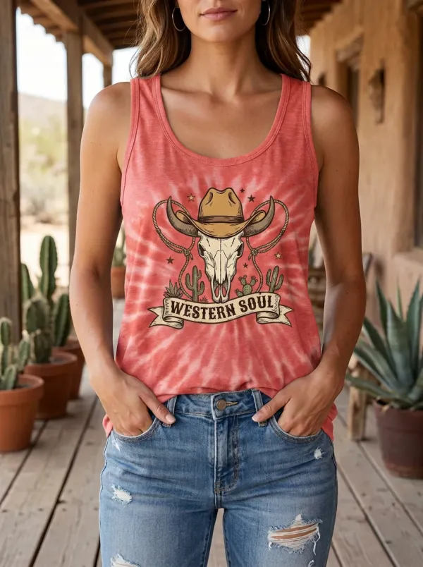 Western Soul Cowboy Skull Cactus Tie Dye Tank Top