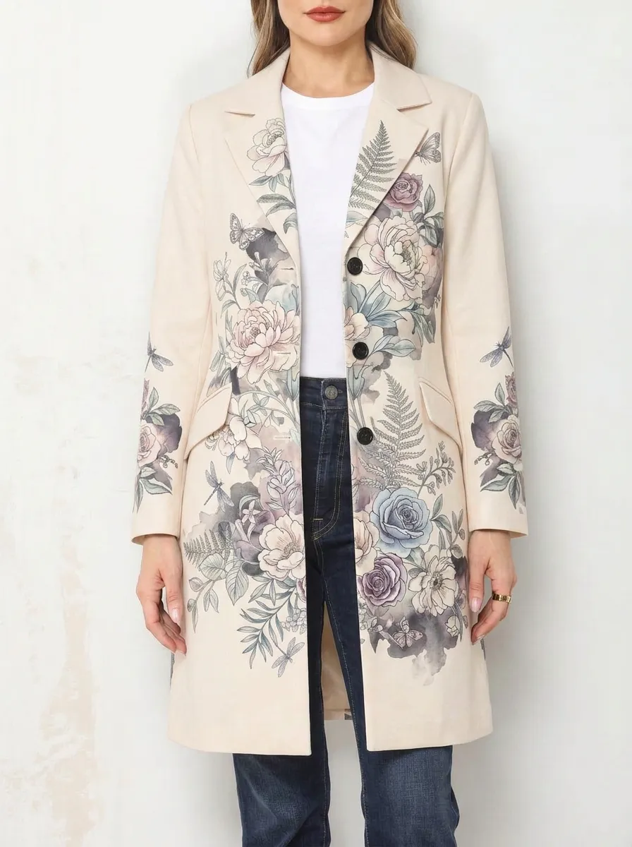 Women's Floral Botanical Butterfly Printed Long Blazer Coat