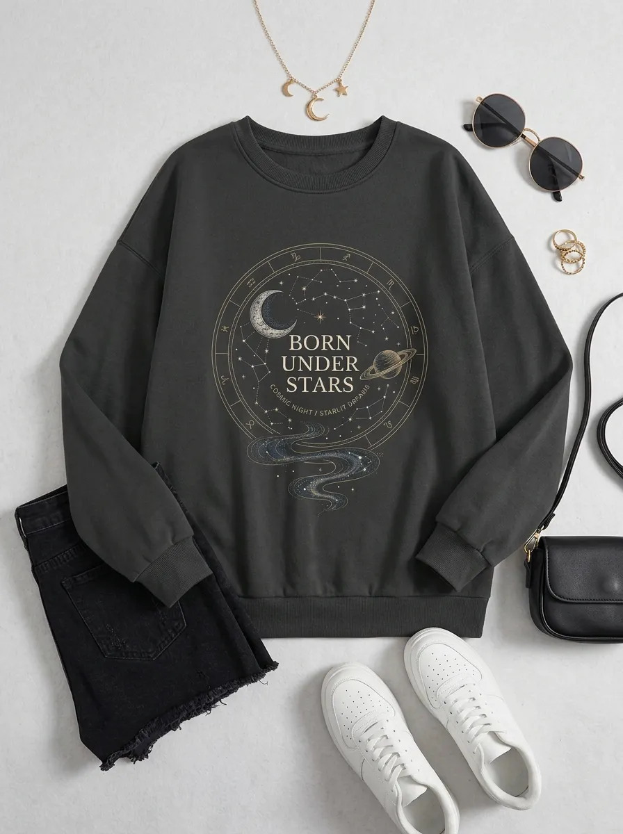 Women's Astrology Lover Born Under Stars Constellation Printed T-shirt