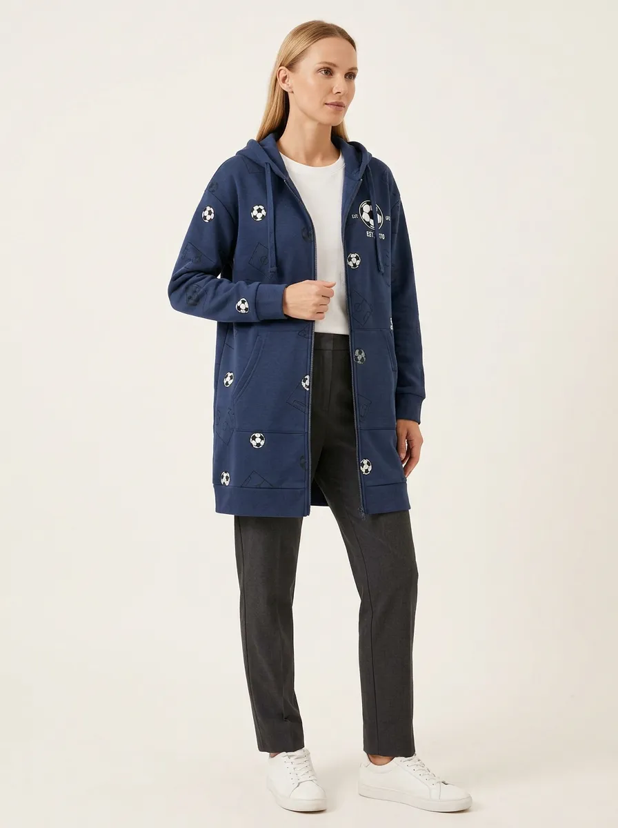 Women's Allover Soccer Graphic Zip-Up Hooded Long Cardigan