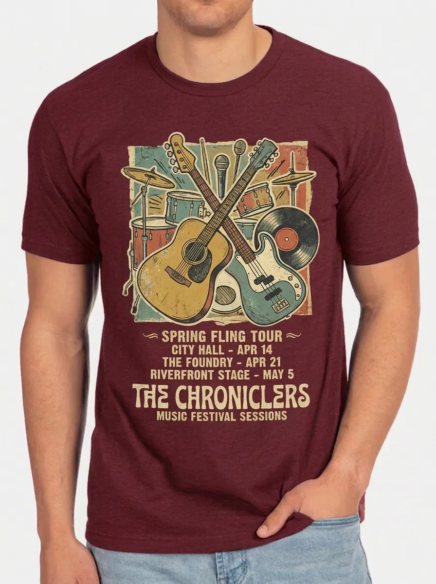 Men's Music Lover Vintage Guitar Drum Printed T-shirt