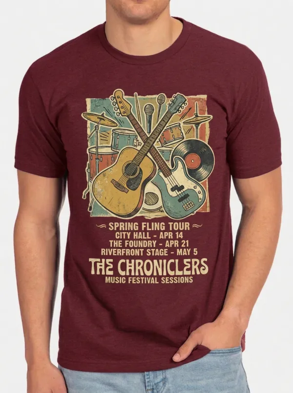 Men's Music Lover Vintage Guitar Drum Printed T-shirt