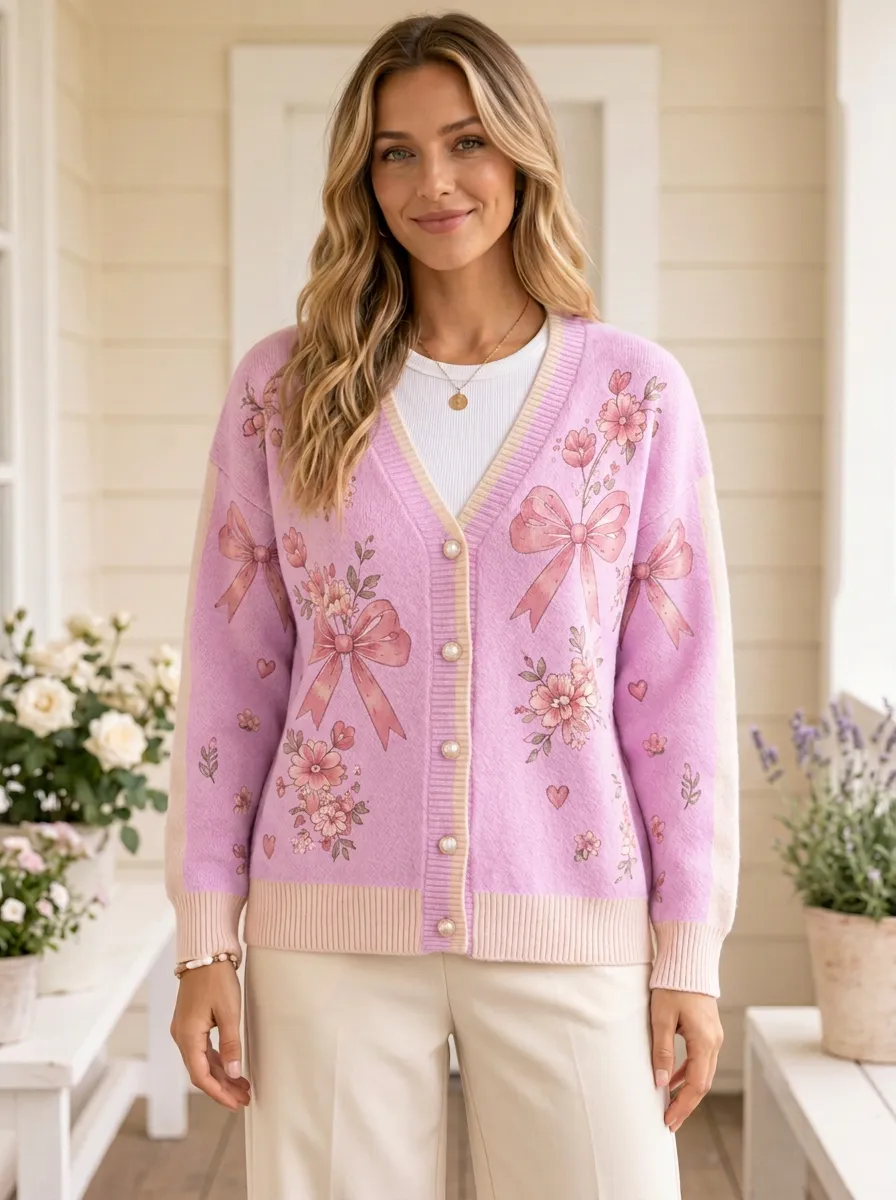 Women's Romantic Floral Coquette Ribbon Bow Printed Cardigan