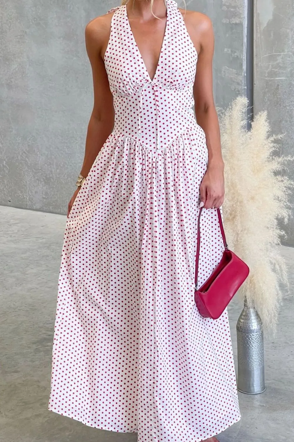 Classic Halter Polka-Dot Maxi Dress