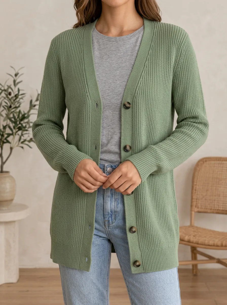 Women's Relaxed Layered Ribbed Knit Button Front V Neck Cardigan